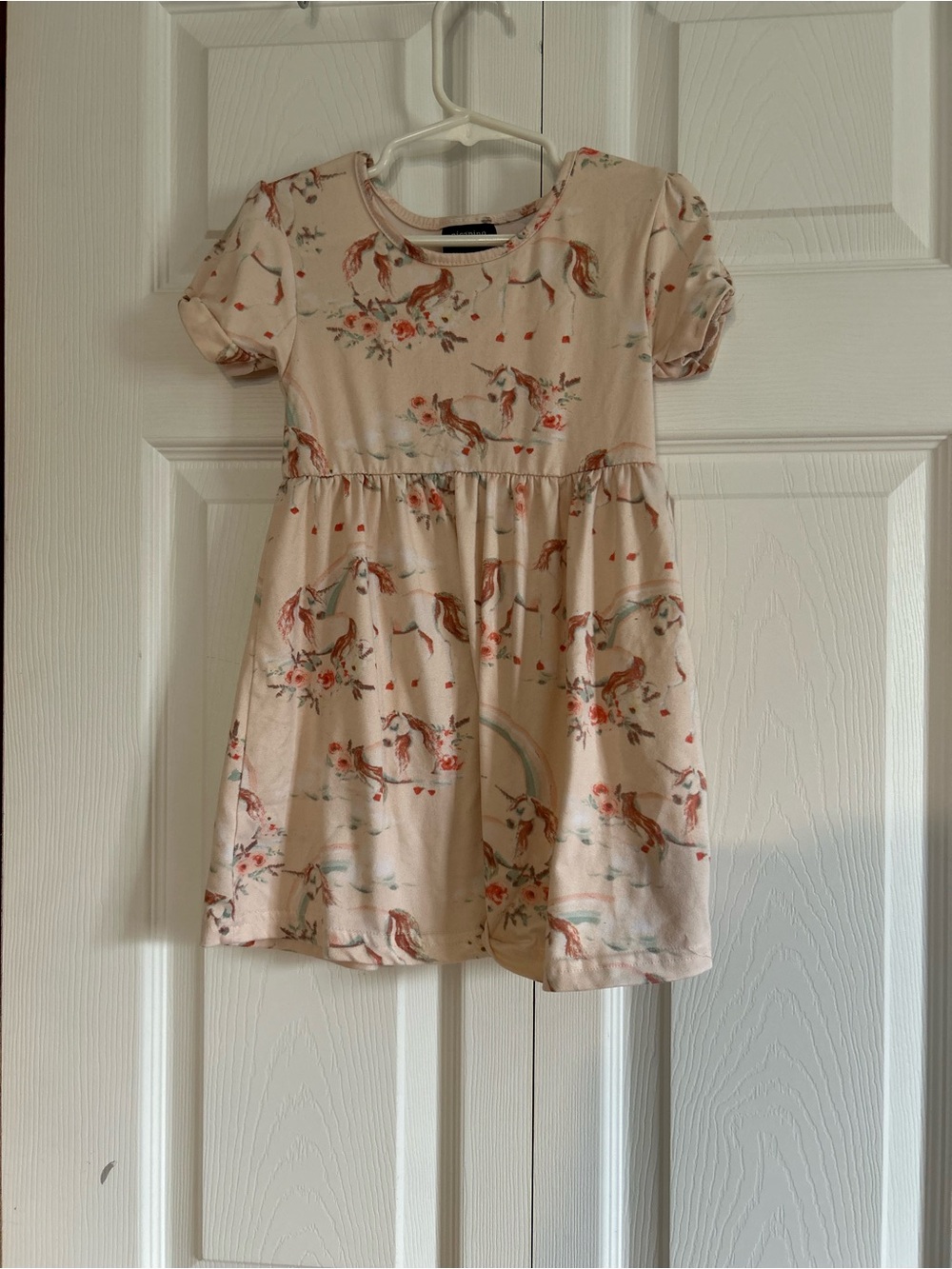 Girls' Cream Unicorn Print Short Sleeve Everyday Dress